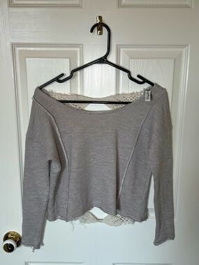 American Rag Light Gray Crochet-Trim Long Sleeve Top Off The Shoulder